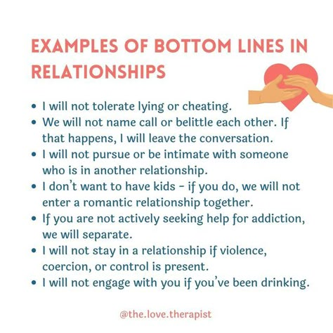 Jordan Green, LCSW on Instagram: "⁠ Bottom lines are boundaries or limits within relationships (see previous post). When bottom lines are crossed, there is often serious damage to the relationship. It’s important to respect people’s bottom lines to create safety and respect within the relationship. Your bottom line may be different from mine and your neighbor’s. ⁠ ⁠ If you don’t have a solid, non-negotiable bottom line in relationships, you will find yourself putting up with a lot of things th Non Negotiables, Boundaries In Relationships, Honor Yourself, Understanding Emotions, Relationships Are Hard, Respect People, Relationship Lessons, Relationship Therapy, Relationship Psychology