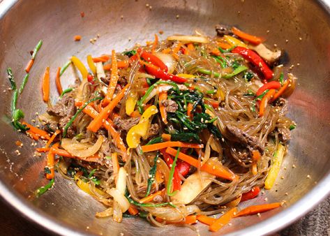 Jap Chae Recipe, Ahnest Kitchen, Japchae Recipe Korean, Glass Noodle Stir Fry, Jap Chae, Japchae Recipe, Seasoned Vegetables, Japanese Gyoza, Glass Noodles Recipe