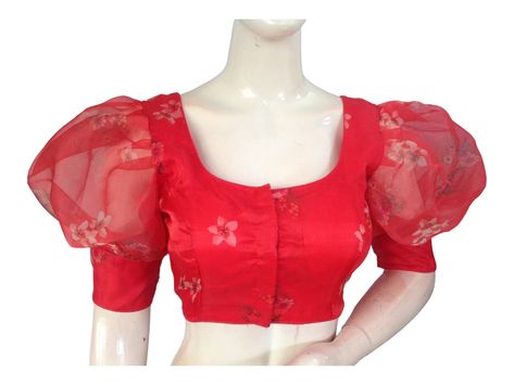 Ballon Blouse Design For Saree, Ballon Sleeves Blouses, Balloon Sleeves Blouse Indian Saree, Organza Blouse Designs, Organza Blouses, Red Blouse Design, Red Saree Blouse, Balloon Sleeves Blouse, Stitched Saree