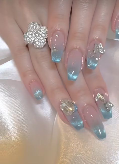 Blue Water Nails Acrylic, Aqua Jelly Nails, Blue Douyin Nails Short, Blue Jelly Nails Short, Blue Gyaru Nails, Kawaii Blue Nails, Douyin Nails Blue, Jelly Blue Nails, Blue Douyin Nails