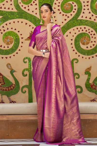 Glamorous Saree, Kanjivaram Sarees Silk, Purple Saree, Handloom Fabric, Ready To Wear Saree, Casual Saree, Art Silk Sarees, Ethnic Outfits, Kanjivaram Sarees