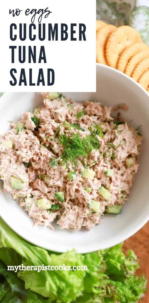 VERY yummy tuna salad with a twist! Instead of pickles, cucumbers and fresh dill to add flavor and crunch to deliciously seasoned canned tuna. This version of tuna salad has NO EGGS and is a perfect make ahead lunch ingredient! Cucumbers And Tuna, Tuna Salad With Cucumbers, Tuna Salad Without Celery, Tuna And Cucumber Salad, Cucumber Tuna Salad, Tuna Cucumber Salad, Tuna Salad With Dill, Tuna Salad Recipe With Egg, Dill Tuna Salad