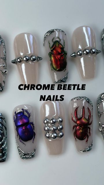 Scarab Nail Art, Beatle Nails Art, Beetles Nails, Beetle Nail Art, Beetles Nail Extension, Beetle Chrome Nails, Beetle Nails, Aesthetic Skate, Chrome Nail Art