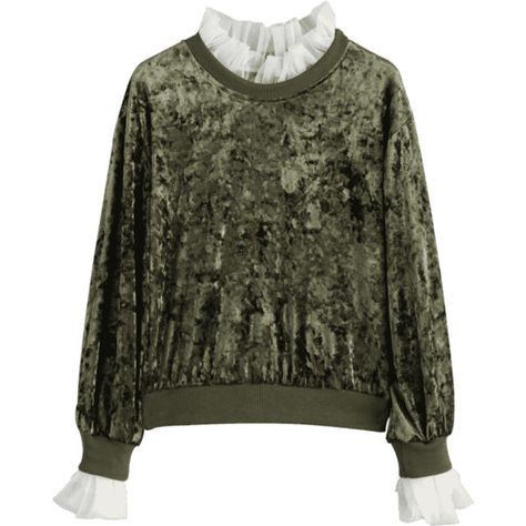 Mesh Ruffle Neck Velvet Sweatshirt Green S ($22) ❤ liked on Polyvore featuring tops, hoodies, sweatshirts, green top, ruffle neck top, velvet sweatshirt, green mesh top and mesh top Green Mesh Top, Green Velvet Top, Preppy Sweatshirts, Velvet Sweatshirt, Cool Short Hairstyles, Pakistani Fashion Casual, Velour Dress, Velvet Clothes, Velvet Top