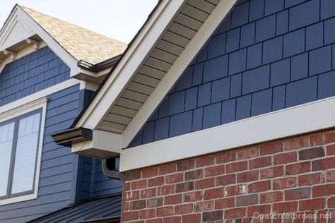 Deep Ocean – Designing with James Hardie Siding Colors - Opal ... Brick House Blue Siding, Brick With Blue Siding, Shingle Siding Exterior With Brick, Blue And Brick House Exterior, Brick House With Blue Siding, James Hardie Deep Ocean, Hardie Siding Colors, Siding Remodel, Bungalow Addition