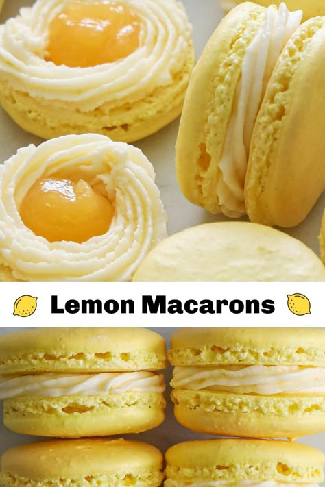 close up image of lemon macarons filled with lemon curd and buttercream Lemon Poppyseed Macarons, Lemon Macaroons Recipe, Lemon Curd Macarons, Macaroon Buttercream Filling Recipe, Fruity Pebbles Macarons, Easy Macaroon Recipes For Beginners, Lemon Blueberry Macarons, French Macaroons Recipe Easy, Cotton Candy Macarons