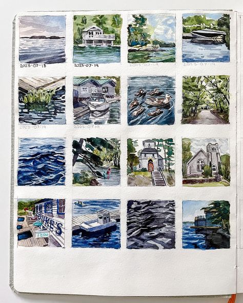 A closer look at my book of tiny paintings. It takes awhile to finish each page, but I love that each square is a complete, jewel-like, mini painting that tells part of a story. #mysketchbook #tinypainting #watercolourlandscape #watercolorart #watercolourartist #sketchbookpage #aquarelle #acquarello Watercolour Sketchbook, Tiny Paintings, Watercolour Landscape, Water Colours, Watercolor Sketchbook, Sketchbook Pages, Mini Paintings, Paper Projects, Look At Me