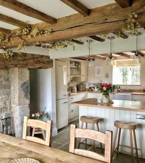 White And Wooden Kitchen, Someone We Know, Wooden Kitchen Stools, Cozy Farmhouse Kitchen, Cottage Core House, Cosy Kitchen, Cottage Inspiration, Nice Weather, Cottage Interior