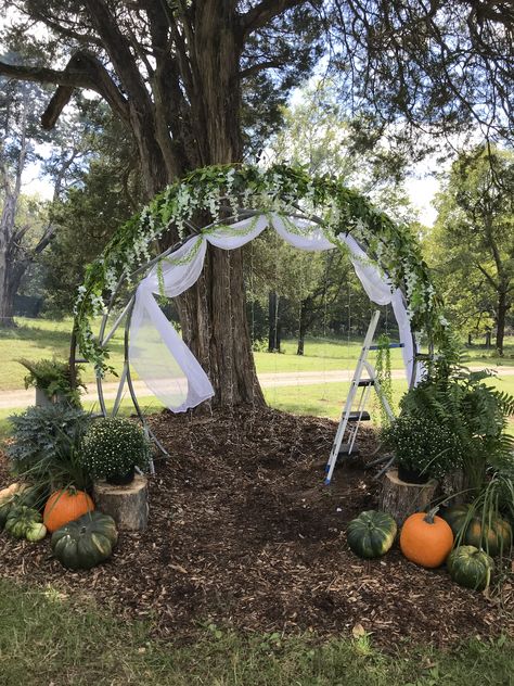 Wedding arch made from a hay ring Round Bale Hay Feeder Wedding Arch, Hay Ring Arch, Round Bale Feeder Wedding Arch, Hay Ring Ideas, Bale Feeder Wedding Arch, Hay Ring Wedding Arch, Homemade Wedding Arch, Wedding Arch Simple, Hay Ring