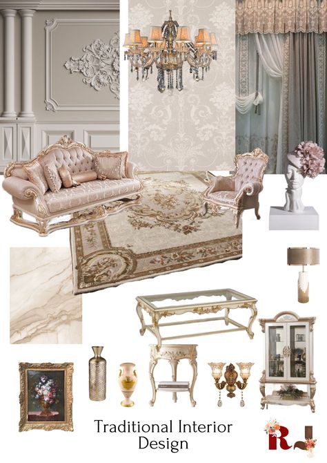 Traditional Mood Board Interior Design, Parisian Interior Bedroom, Traditional Interior Design Style, Apartment Themes, Classical Theme, Classic Interior Design Luxury, Interior Design Presentation Boards, Parisian Interior Design, Interior Design Basics