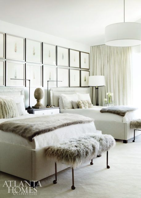 A grouping of paintings of feathers creates a striking moment in her bedroom. Twin Beds Guest Room, Contemporary Lake House, Chic Bedroom Design, Martin House, Twin Bedroom, Chic Bedroom, Chic Home Decor, Guest Bedrooms, Beautiful Bedrooms