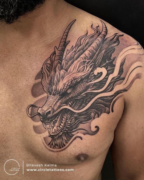 Dragon Tattoo Chest, Shen Long Tattoo, Dragon Tattoo Back, Dragon Head Tattoo, Colour Tattoo For Women, Dragon Tattoo Ideas, Colored Tattoo Design, Dragon Tattoos For Men, Cuff Tattoo