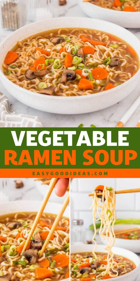 Warm up with this winter dish that delivers all the best comfort food recipes and warm dinner ideas in one bowl! This hearty Easy Vegetable Ramen Soup is quick to prepare and filled with noodles and fresh veggies. Perfect for a cozy night in with its rich, satisfying flavors! Healthy Ramen Noodles Recipes, Vegetarian Ramen Soup, Ramen Soup Base Recipes, Easy Dumpling Soup With Ramen, Dumpling Soup With Ramen, Ramen Soup Recipes Easy, Easy Vegetable Ramen, Warm Dinner Ideas, Easy Ramen Soup