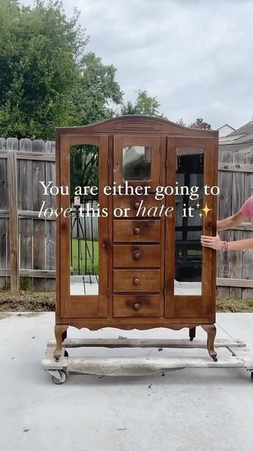 Redone Armoire, Vintage Armoire Makeover, Chifferobe Repurposed, Chifferobe Makeover Ideas, Antique Wardrobe Makeover, Refurbished Wardrobe, Vintage Wardrobe Makeover, Refinished Armoire, Antique Chifferobe