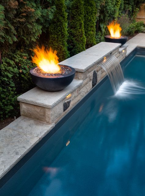 Pool Fountains Waterfall Modern, Fire Water Feature Pool, Water Feature Pool Ideas, Small Pools With Waterfalls, Pool Waterfall Ideas Water Walls, Pool Fire And Water Feature, Waterfall Features For Pool, Pool Back Wall Ideas, Waterfall In Pool Backyards