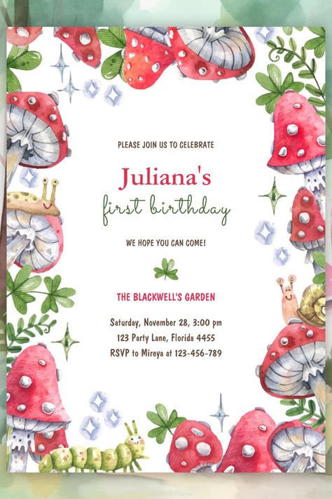 Woodland Forest Watercolor Mushroom Birthday Party Invitation Mushroom Birthday Party, Invitation Enchanted Forest, Wildflower Greenery, Mushroom Birthday, Frog Birthday Party, Enchanted Forest Birthday, Watercolor Mushroom, Woodland Animal Birthday, Watercolor Frame