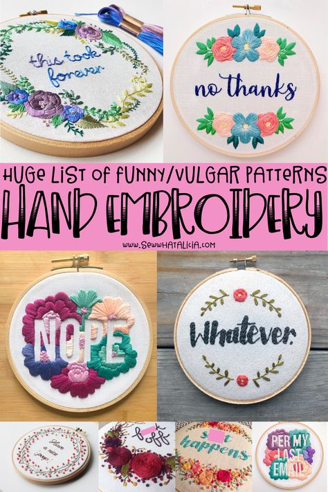 Funny Embroidery Patterns - Vulgar Hand Embroidery: This post has a ton of funny and a few vulgar hand embroidery patterns. Click through for a full list! | www.sewwhatalicia.com Passive Aggressive Embroidery, Embroidery Designs Easy Free Pattern, Embroidery Ideas For Beginners Free Pattern, Inappropriate Embroidery Patterns, Contemporary Embroidery Inspiration, Beginner Embroidery Projects, Hand Embroidery Designs Free, Inappropriate Embroidery, Free Embroidery Patterns Printables