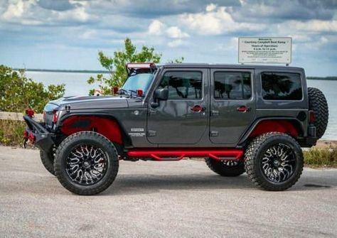 Black Jeep Wrangler With Red Accents, Black And Red Jeep Wrangler, Jeep Accent Colors, Wrangler Modified, Red Jeep Wrangler, Allroad Audi, Jeep Wrangler Girl, Hummer Truck, Blue Jeep