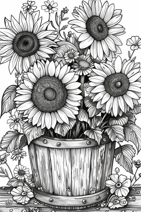 Sunflower Colouring Pages, Autumn Coloring Pages For Adults, Printable Adult Coloring Pages Flowers, Drawing Full Page, Flower Coloring Pages Free Printable, Full Page Drawings, Sunflower Coloring Pages, Printable Flower Coloring Pages, Garden Coloring Pages