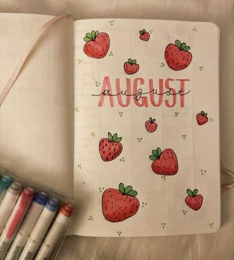 Easy bullet journal inspo ideas summer Bulett Journal Page Ideas August, Bullet Journal August Theme, Journal Ideas August, August Journal Ideas, August Bujo Cover, Journal Inspo Ideas, Strawberry Bullet Journal, Cute Bullet Journal Ideas, Bullet Journal Juli