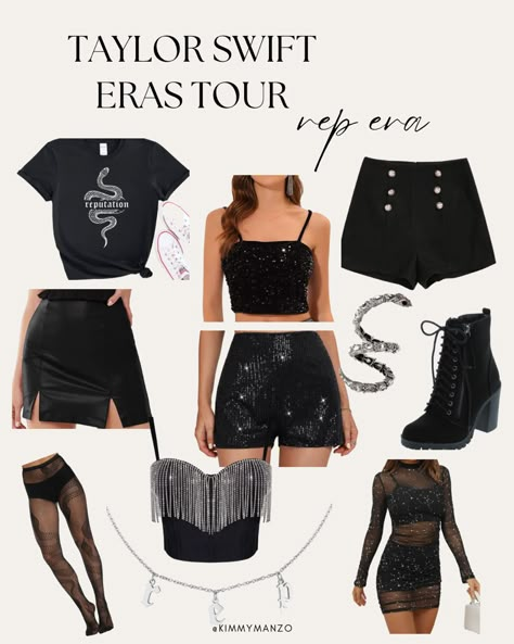 Black Taylor Swift Outfit, Taylor Swift Costumes Reputation, Taylor Swift Newspaper Outfit, Rep Era Outfit Ideas, Eras Tour Outfit Inspiration Reputation, Black Dress Reputation, Taylor Swift Reputation Era Outfits Plus Size, Era Tour Reputation Outfits, Reputation Shirt Taylor Swift