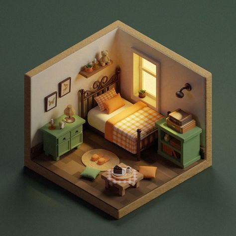 Cube Room Illustration, Cute Isometric Room, Blender House Design, Blender Interior Design, Blender Isometric Room, Isometric Room 3d, Blender Isometric, 3d Isometric Room, Blender Room