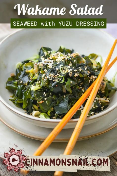 Easy Wakame Salad Recipe (Seaweed with Yuzu Dressing) Wakame Seaweed Salad, Wakame Recipe, Kisir Recipe, Japanese Salad Dressing Recipe, Yuzu Dressing, Japanese Salad Dressing, Wakame Salad, Korean Cucumber, Japanese Salad