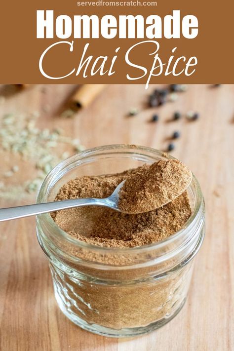 a jar of spice with a little spoon and Pinterest pin text. Chai Tea Mix Recipe, Homemade Chai Spice, Chai Recipes, Chai Spice Mix, Homemade Chai, Chai Tea Recipe, Spiced Chai, Chai Recipe, Spice Mix Recipes