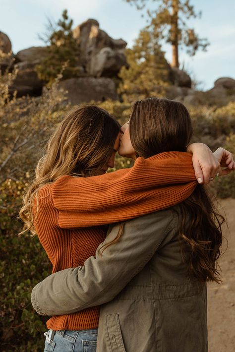 A Lesbian Proposal at Lake Tahoe Lesbian Engagement Pictures Outfits, Engagement Pictures Lesbian, Engagement Photoshoot Ideas Lesbian Couple, Women Couple Photoshoot, Lesbian Couple Photoshoot Photo Ideas Fall, Couple Poses Girlfriends, Lesbian Fall Photo Shoot Outfits, Sapphic Engagement Photos, Lesbian Fall Pictures