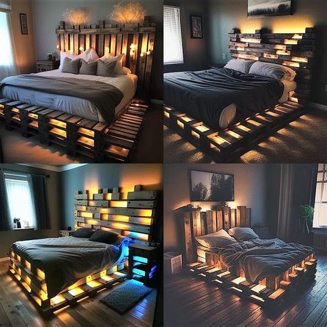 Pallet Bedroom Ideas Small Spaces, Bedroom Windows Ideas, Pallet Bed With Lights, Awesome Bed, Wood Pallet Beds, Comfortable Bedroom Decor, Interior Design Showroom, Windows Ideas, Pallet Home Decor