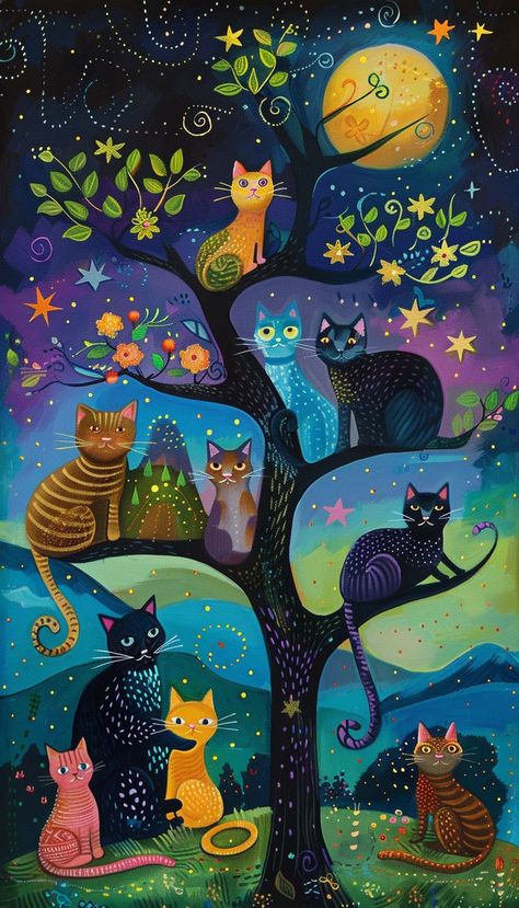 Whimsical Cat Tree, Cat Art Whimsical, Whimsical Cat Art, Cat Art Painting, Cat Phone Wallpaper, Naïve Artist, Whimsical Art Paintings, Naive Painting, Naive Illustration