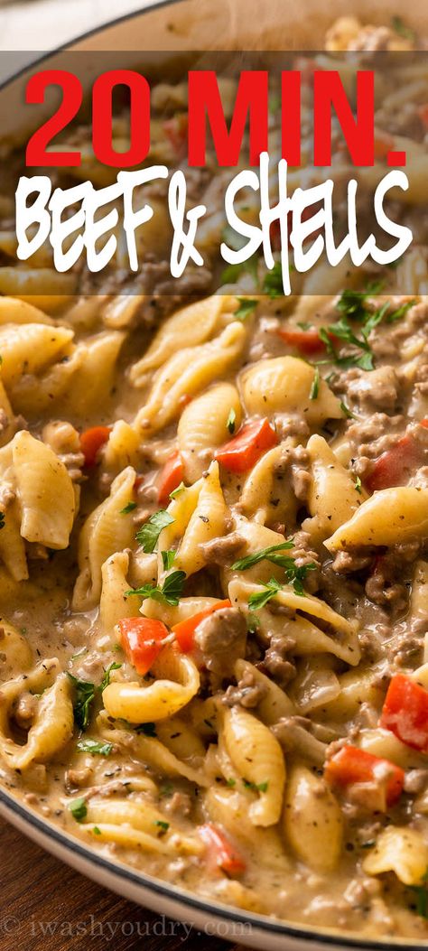 This super easy Creamy Beef and Shells recipe comes together in about 20 minutes and is perfect for those busy weeknights! Creamy Beef And Shells, Beef And Shells, Beef Pasta Recipes, Shells Recipe, Beef Pasta, Stuffed Shells Recipe, Beef Casserole Recipes, Ground Beef Recipes Easy, Pasta Dinner Recipes