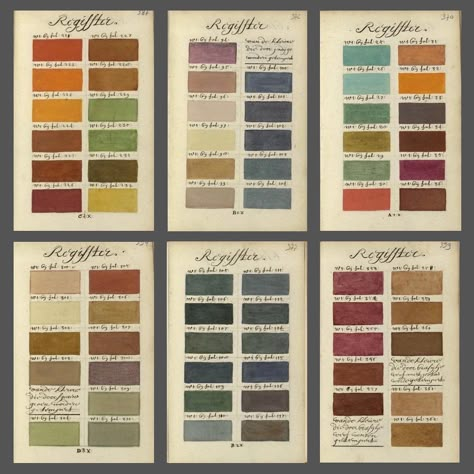 These are pages from an extraordinary book created by A. Boogert in 1692. It features 800+ handwritten pages including 400+ hand-coloured pages illustrating colour variations that differ in hue, tonal value and saturation and it predates colour notation systems like the Pantone system by nearly 300 years. A. Boogert (1692). 'Traité des couleurs servant à la peinture à l’eau' [Colour qualities of watercolour paint]. Accessible via https://archive.org/details/boogert1692traitedescouleursbmejanes/ Medieval Colour Palette, Pantone Color Schemes, Antique Color Palette, Watercolour Swatches, Tonal Value, Historic Paint Colours, Vintage Colour Palette, Pantone Colour Palettes, Color Palette Challenge