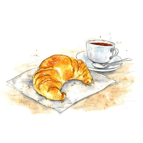 Continental French Croissant and coffee breakfast. Watercolor illustration. www.amyholliday.co.uk. French Watercolor, Drawing Breakfast, Crossaint Drawing, Breakfast Drawing Ideas, Illustration Breakfast, Croissant Drawing, Breakfast Drawing, Watercolor Breakfast, Breakfast Watercolor