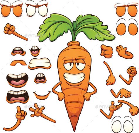 Posable cartoon carrot character. Vector clip art illustration with simple gradients. Elements on separate layers for easy editing Carrot Character, Carrot Drawing, Funny Cartoon Faces, 2d Character Animation, Inkscape Tutorials, Fruit Cartoon, Posca Art, Character Vector, Cartoon Sketches