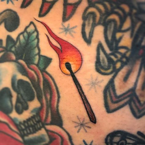 Matchstick • Fire Tattoo | Tattoo Ideas and Inspiration Fill In Tattoos, Fill In Tattoo Ideas, Filler Tattoo Ideas, Small Traditional Tattoo, Gap Filler Tattoo, Tattoo Ideas For Guys, Filler Tattoo, Stick Tattoo, Traditional Tattoo Inspiration