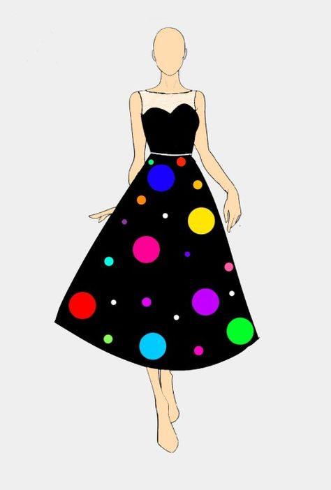 Dots Dress Illustration, Dress Illustration Design, Dots Drawing, Sketch Dress, A Black Outfit, Dotted Drawings, Dance Competition Dress, Fashion Illustration Tutorial, Illustration Tutorial