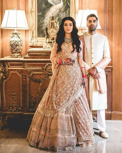 The Prettiest Nude-Coloured Lehengas We Spotted Off Late! Dupatta Styling, Couple Wedding Dress, Indian Bride Outfits, Bridal Lehenga Collection, Designer Bridal Lehenga, Indian Bridal Lehenga, Indian Bride And Groom, Indian Bridal Dress, Indian Bridal Wear