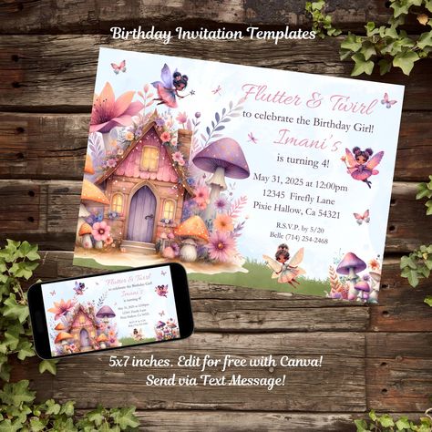 Editable Flutter and Twirl Fairy Birthday Invitation, Digital Invite & Thank You Card Templates, Printable, Black Girl, Whimsical Fairy - Etsy Twinkle Lights Wedding, Forest Invitation, Fairy Princess Birthday, Fairy Invitations, Princess Birthday Party Invitations, Forest Birthday, Fairy Birthday Party, Garden Birthday, Fairy Birthday