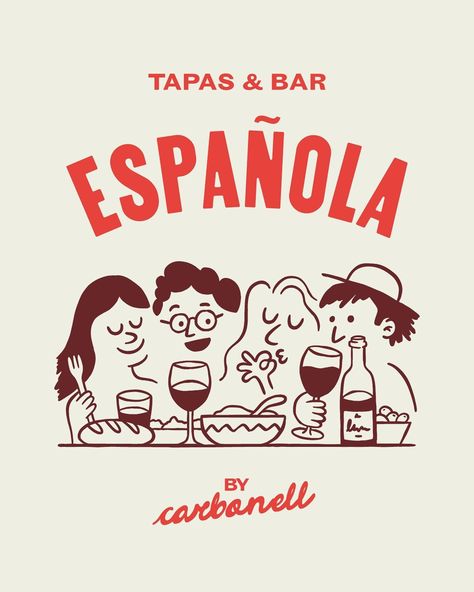 Poster Design Restaurant, Tapas Illustration, Coffee Shop Graphic Design, Restaurant Logo Ideas, Fun Brand Identity, Mexican Graphic Design, Coffee Shop Branding, Graphic Design Portfolio Inspiration, Mid Century Illustration