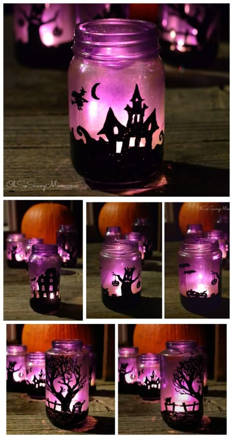 DIY Upcycled Halloween Village Luminaries Diy Halloween Luminaries, Halloween Luminaries, Adornos Halloween, Halloween Village, Halloween Diy Crafts, Theme Halloween, Halloween Deco, Mason Jar Crafts, Halloween Make