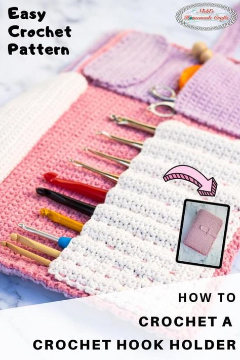 Learn how to crochet a Crochet Hook Holder which is the ultimate storage unit to store your crochet hooks and notions and even patterns. This premium crochet pattern is easier than you might think. It's the perfect weekend project. And it looks like a book when folded and closed. #crochet #pattern #crochetpattern #freecrochetpattern #crochethook #holder #organizer #crochetstorage #hooks #storage #crochettechniques #singlecrochet #tutorial #crochettutorial #winter #fall #diy #diyideas #giftideas Crochet Storage Ideas, Crochet Hook Holder Pattern, Crochet Hook Case Pattern, Home Crochet Patterns, Crochet Hook Storage, Crochet Hook Organizer, Crochet Hook Holder, Crochet Organizer, Crochet Hook Case