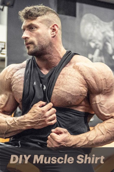 Classic Physique Pro Laszlo Kiraly wears a DIY muscle tee during his gym workout. Read more about the DIY muscle tee on the blog article. Diy Muscle Shirt, Cutoff Tshirt, Diy Workout Tank, Gym Pump Cover, Pump Covers, Gym Pump, Classic Physique, Diy Gym, Diy Tank