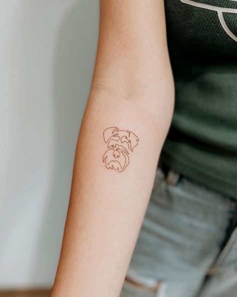 Schnauzer Line Tattoo, Schnauzer Outline Tattoo, Dog Tattoo Schnauzer, Schnauzer Ears Tattoo, Minimalist Dog Tattoo Line Drawings, Schnauzer Tattoo Minimalist, Mini Schnauzer Tattoo, Millie Tattoo, Fine Line Dog Tattoo