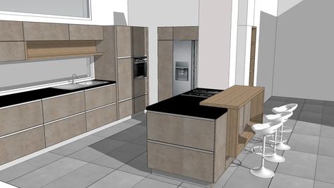 modern kitchen K12 by damijan koprivc | 3D Warehouse Kitchen Peninsula With Seating, Architect Portfolio Design, Kitchen London, Warehouse Kitchen, 3d Kitchen Design, Kitchen Work Tables, Kitchen Peninsula, Kitchen Designer, London Kitchen