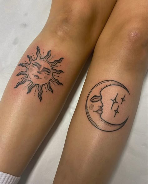 Sun Shin Tattoo, Sun Moon Leg Tattoo, Sun And Moon Shin Tattoo, Matching Knee Tattoos Women, Sun Moon Knee Tattoo, Moon Calf Tattoo, 1970s Tattoos, Matching Calf Tattoos, Matching Shin Tattoos