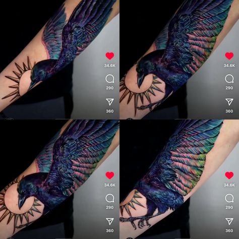 Iridescent Raven Tattoo, Raven Sleeve Tattoos For Women, Colorful Crow Tattoo, Raven Tattoo With Flowers, Raven Tattoo Color, Crow And Moon Tattoo, Owl Feather Tattoos, Black Crow Tattoos, Trippy Tattoo