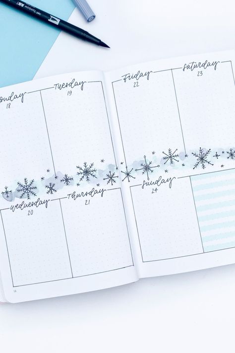 Winter Bujo, January Weekly Spread, Bullet Journal Weekly Layout, Bullet Journal Work, Bujo Weekly Spread, January Bullet Journal, Journaling Kit, Bullet Journal Ideas Templates, Creating A Bullet Journal