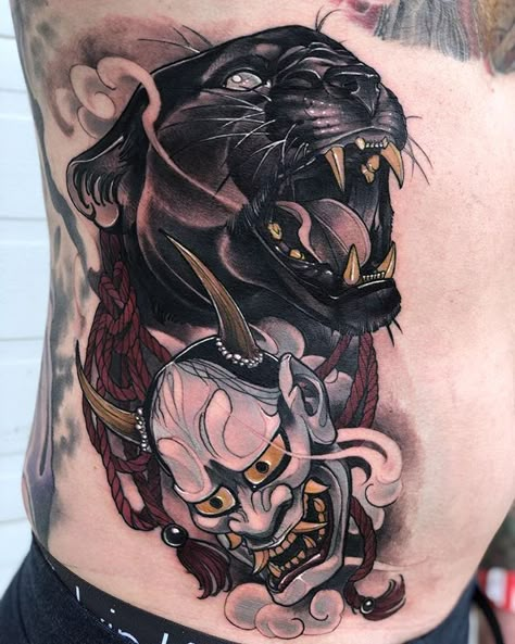 Last one done @saskatoontattooexpo  My dude sat for 7hours straight! Thanks so much Aaron 🙏🏼🙏🏼🙏🏼 Traditional Panther Tattoo, Black Panther Tattoo, Backpiece Tattoo, Neo Tattoo, Leopard Tattoos, Panther Tattoo, Creepy Tattoos, Tatuaje A Color, Badass Tattoos