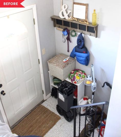 Before and After: A Mini $30 Entry Makeover with Big Results Entryway Apartment, Entry Makeover, Home Office Design On A Budget, Scented Pinecones, Hidden Cabinet, Design On A Budget, Diy Accent Wall, Small Bedrooms, Entryway Ideas